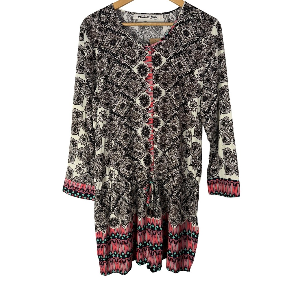 NWT Michael Stars Ivory Black Border Print Button Down Romper 7824B L Boho Chic